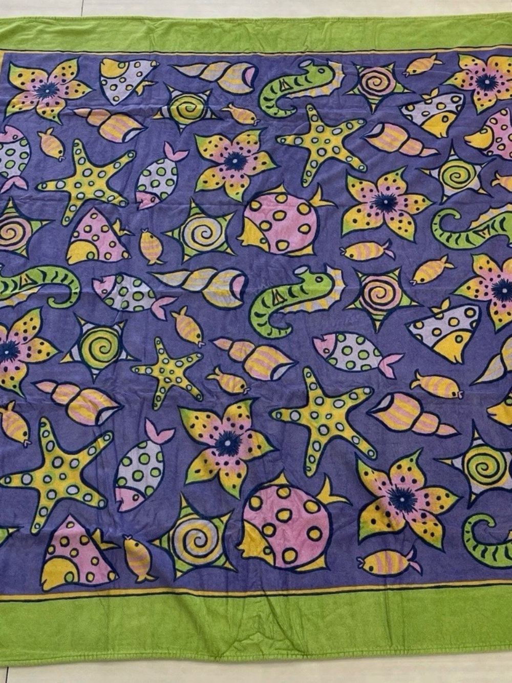 VGT Terrisol Giant Beach Towel Blanket Nautical Fish Purple Green 66” x 66” HTF